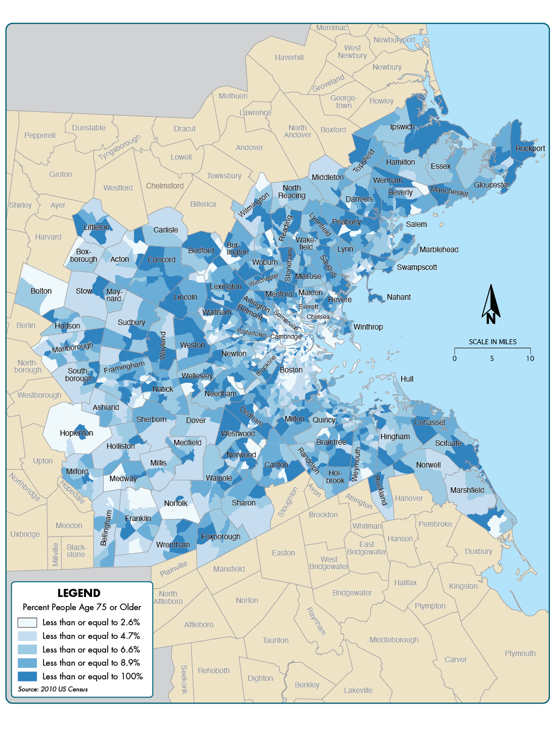 Figure 6-4 is a map showing the percent of the population that is age 75 or older across the 97 communities in the Boston region.